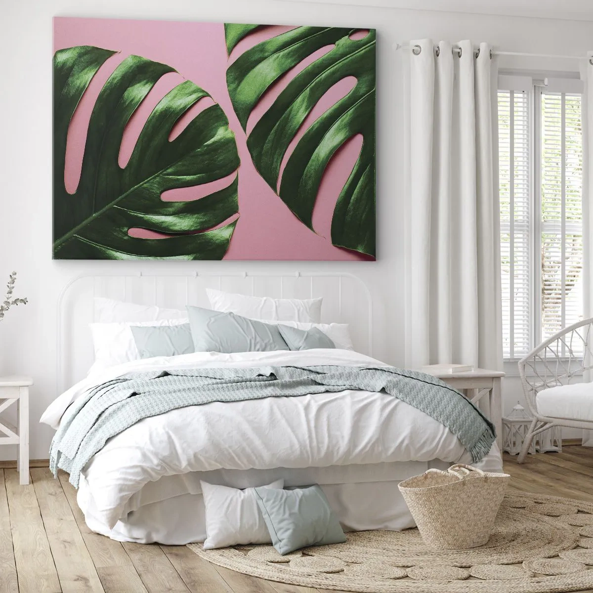 Canvastavla - Bild på duk - Gröna monsterablad på en rosa bakgrund - 70x50cm - Grön rendez-vous - Modern väggdekoration för vardagsrum och sovrum ARTTOR