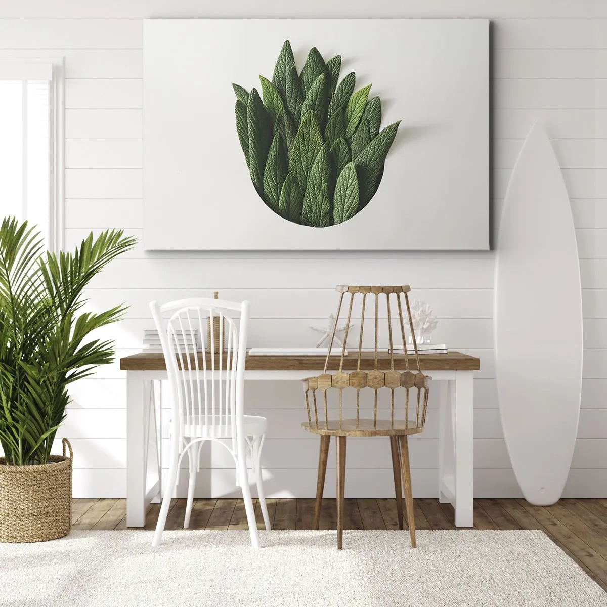 Canvastavla - Bild på duk - En komposition av gröna blad mot en ljus bakgrund - 70x50cm - Ostoppbar nyfikenhet - Modern väggdekoration för vardagsrum och sovrum ARTTOR