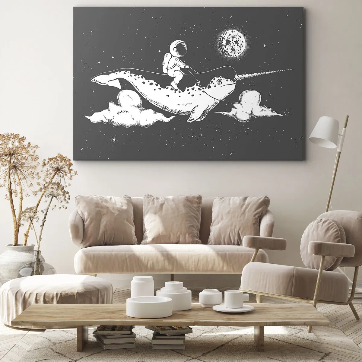 Canvastavla - Bild på duk - En astronaut på ryggen av en narval som svävar i en rymdscen. - 70x50cm - Rymdryttare - Modern väggdekoration för vardagsrum och sovrum ARTTOR