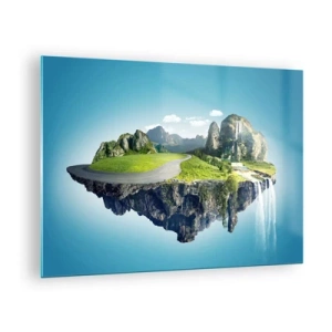 Glastavla - Bild på glas - En flytande ö med berg, ett vattenfall och grönska - 70x50cm - Fantastisk ö - Modern väggdekoration för vardagsrum och sovrum ARTTOR