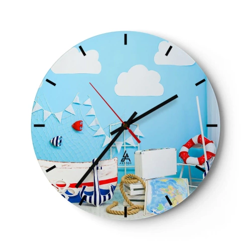 Väggklocka - Klocka på glas - Nautiskt tema med blå bakgrund - 30x30cm - Barnlängtan till naturen - Modern väggdekoration för vardagsrum, kök och sovrum ARTTOR