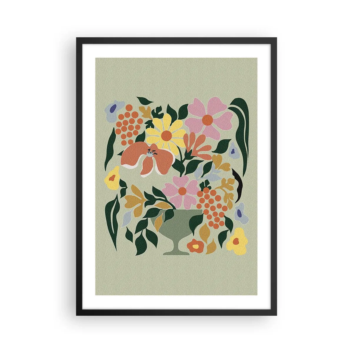 Affisch i svart ram - Ett färgglatt blomsterarrangemang i en dekorativ vas på en grön bakgrund - 50x70cm - En bukett full av liv - Modern väggdekoration för vardagsrum och sovrum ARTTOR