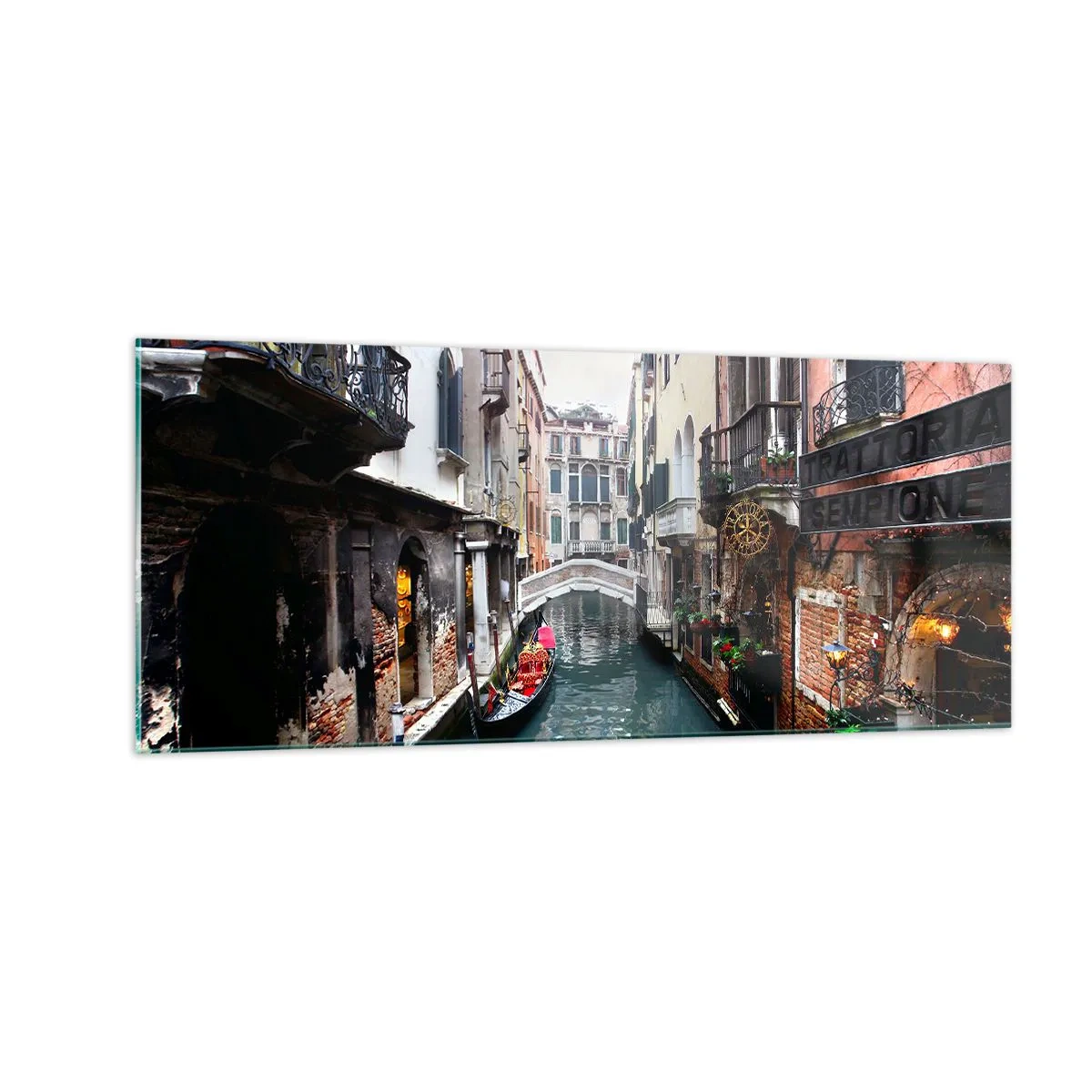 Glastavla - Bild på glas - Venedig-landskap med gondol och bro - 100x40 cm