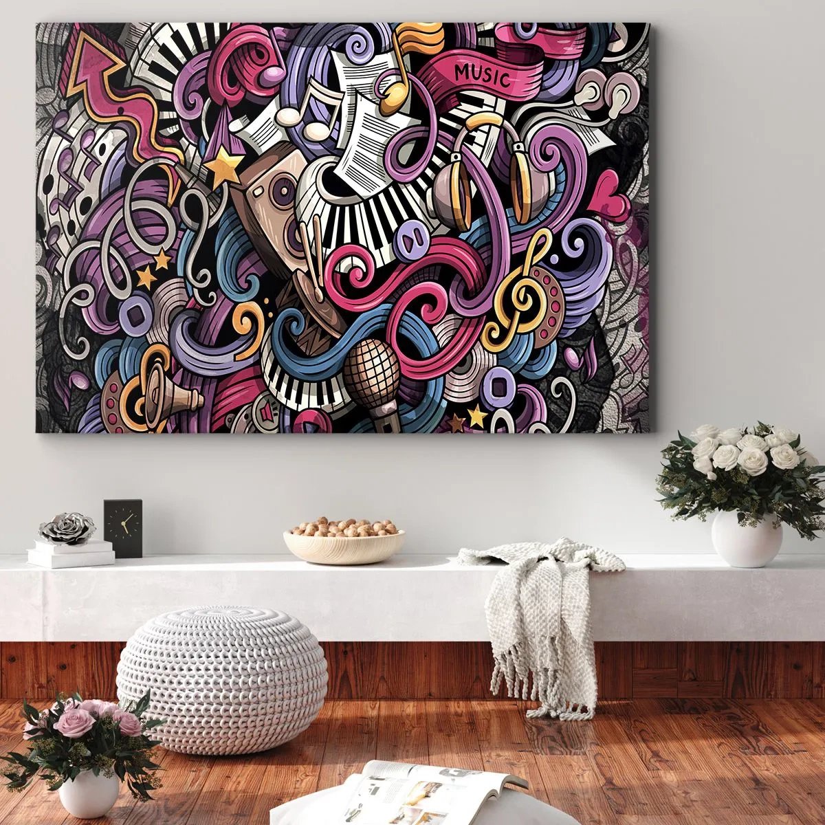 Canvastavla - Bild på duk - En musikalisk abstraktion full av färgglada instrument och noter. - 70x50cm - Komplicerad melodi - Modern väggdekoration för vardagsrum och sovrum ARTTOR