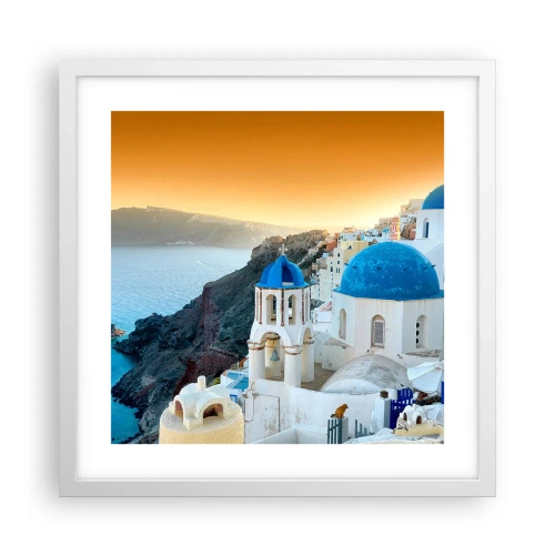 Affisch i vit ram - Santorini - inbäddat i berg - 40x40 cm