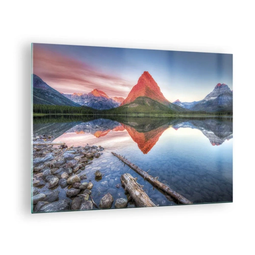 Glastavla - Bild på glas - En bergstopp reflekterad i en lugn sjö - 70x50cm - Glöd och kyla - Modern väggdekoration för vardagsrum och sovrum ARTTOR