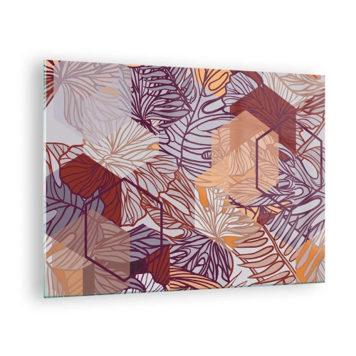 Glastavla - Bild på glas - Grafiska löv mot en bakgrund av geometriska former - 70x50cm - Ett möjligt förhållande mellan geometrin och naturen - Modern väggdekoration för vardagsrum och sovrum ARTTOR