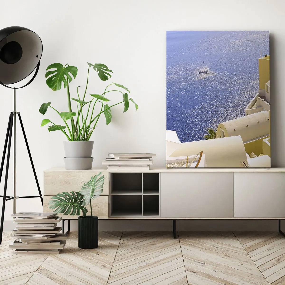 Canvastavla - Bild på duk - Grekiskt landskap i vit och blå - 45x80 cm