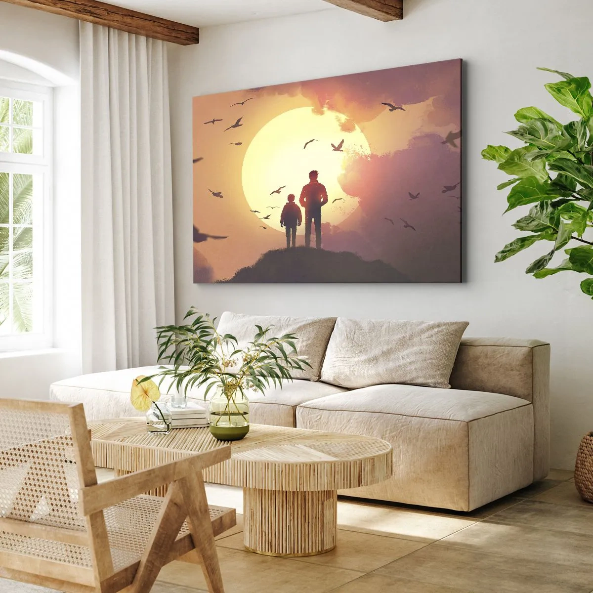 Canvastavla - Bild på duk - Figurer mot bakgrund av den nedgående solen - 70x50cm - Öga mot öga med solen - Modern väggdekoration för vardagsrum och sovrum ARTTOR