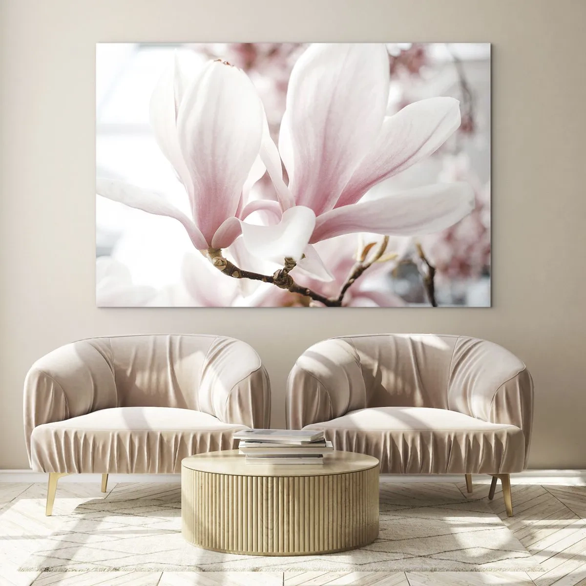 Glastavla - Bild på glas - Fina rosa magnolior i närbild mot en suddig bakgrund - 70x50cm - Oändlig känslighet - Modern väggdekoration för vardagsrum och sovrum ARTTOR
