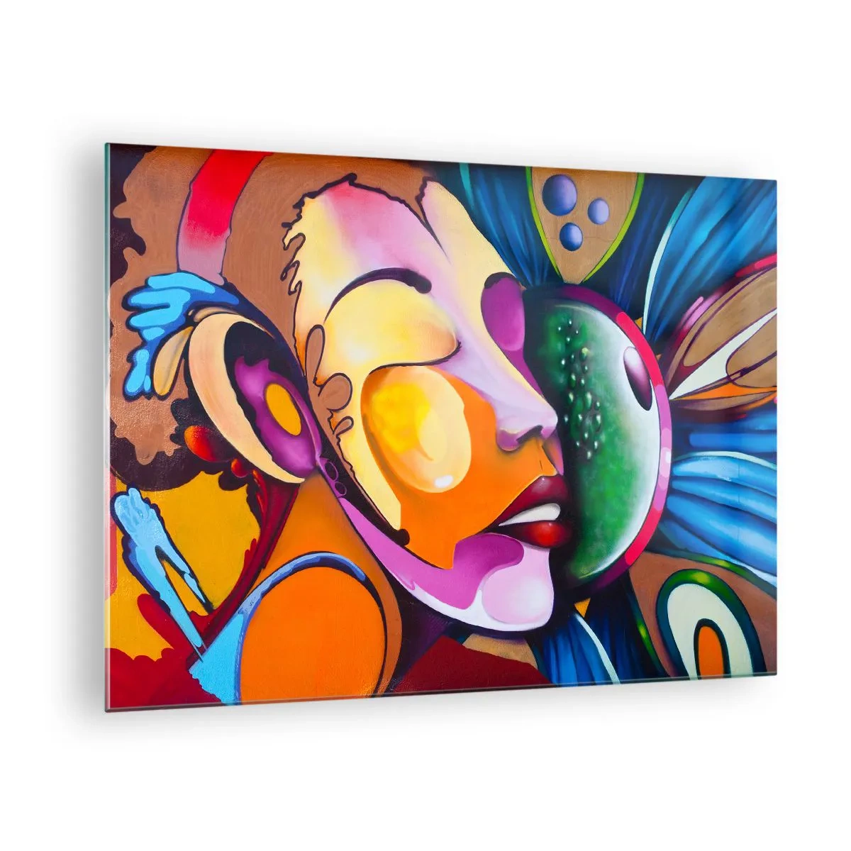 Glastavla - Bild på glas - Färgglad abstraktion av ansikten i gatukonststil - 70x50cm - Känna på med färg - Modern väggdekoration för vardagsrum och sovrum ARTTOR