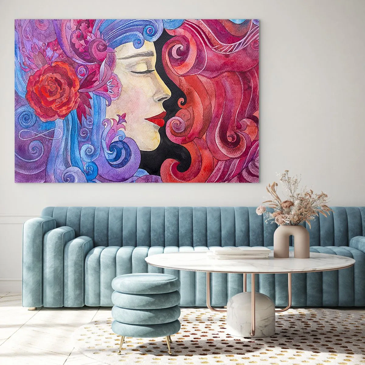 Glastavla - Bild på glas - Färgglatt porträtt av en kvinna i jugendstil med rik ornamentik - 70x50cm - Jugendstilen lever - Modern väggdekoration för vardagsrum och sovrum ARTTOR