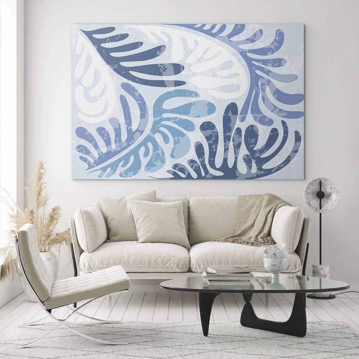 Glastavla - Bild på glas - Dekorativa ormbunkeblad i nyanser av blått mot en ljus bakgrund - 70x50cm - Blåa ormbunkar - Modern väggdekoration för vardagsrum och sovrum ARTTOR