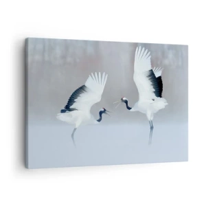 Canvastavla - Bild på duk - Två tranor som dansar i ett dimmigt landskap - 70x50cm - Dansen i dimman - Modern väggdekoration för vardagsrum och sovrum ARTTOR