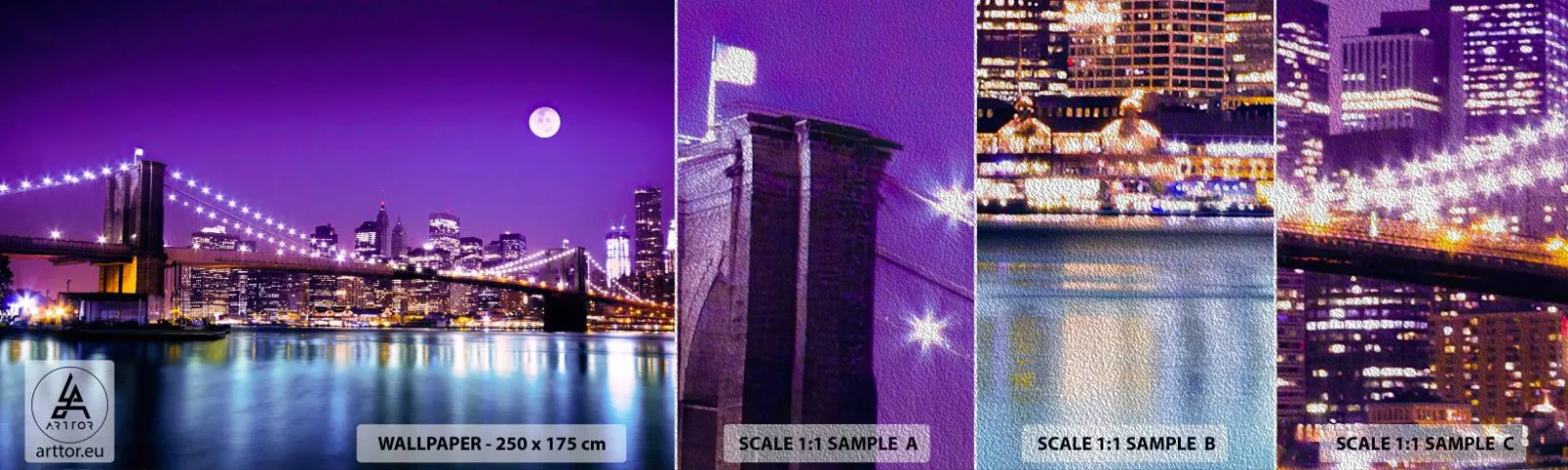 Provbit av fototapet Premium Sand - Storstadens ljus i violett - Stad, New York, Brooklyn Bridge - 100x30 cm