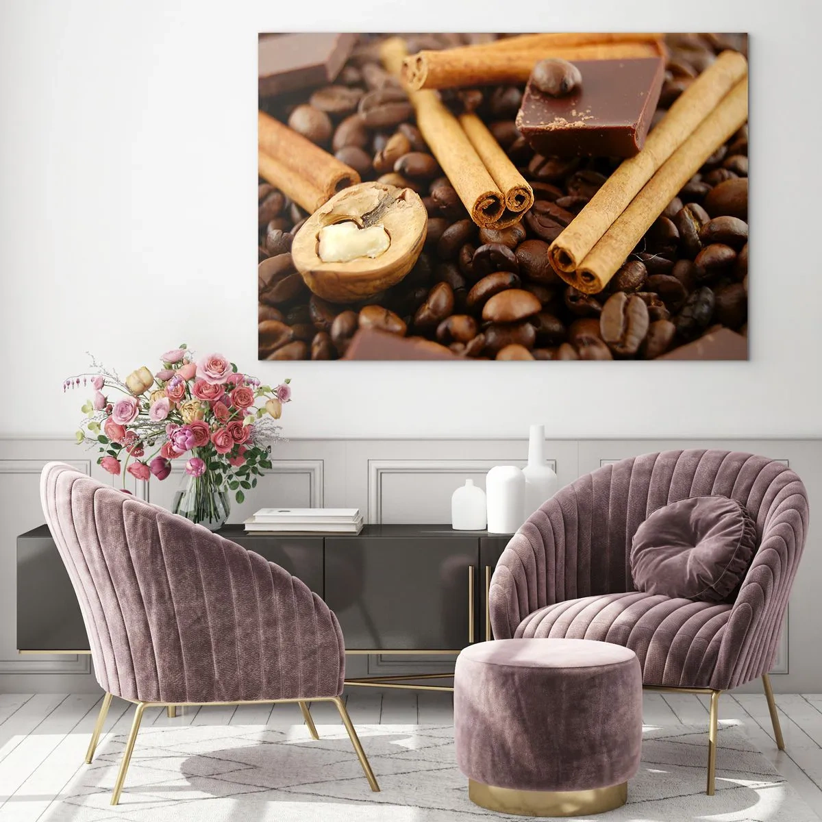 Glastavla - Bild på glas - Närbild på kaffe, kanel, choklad och valnötter - 70x50cm - Aromkonsert - Modern väggdekoration för vardagsrum och sovrum ARTTOR