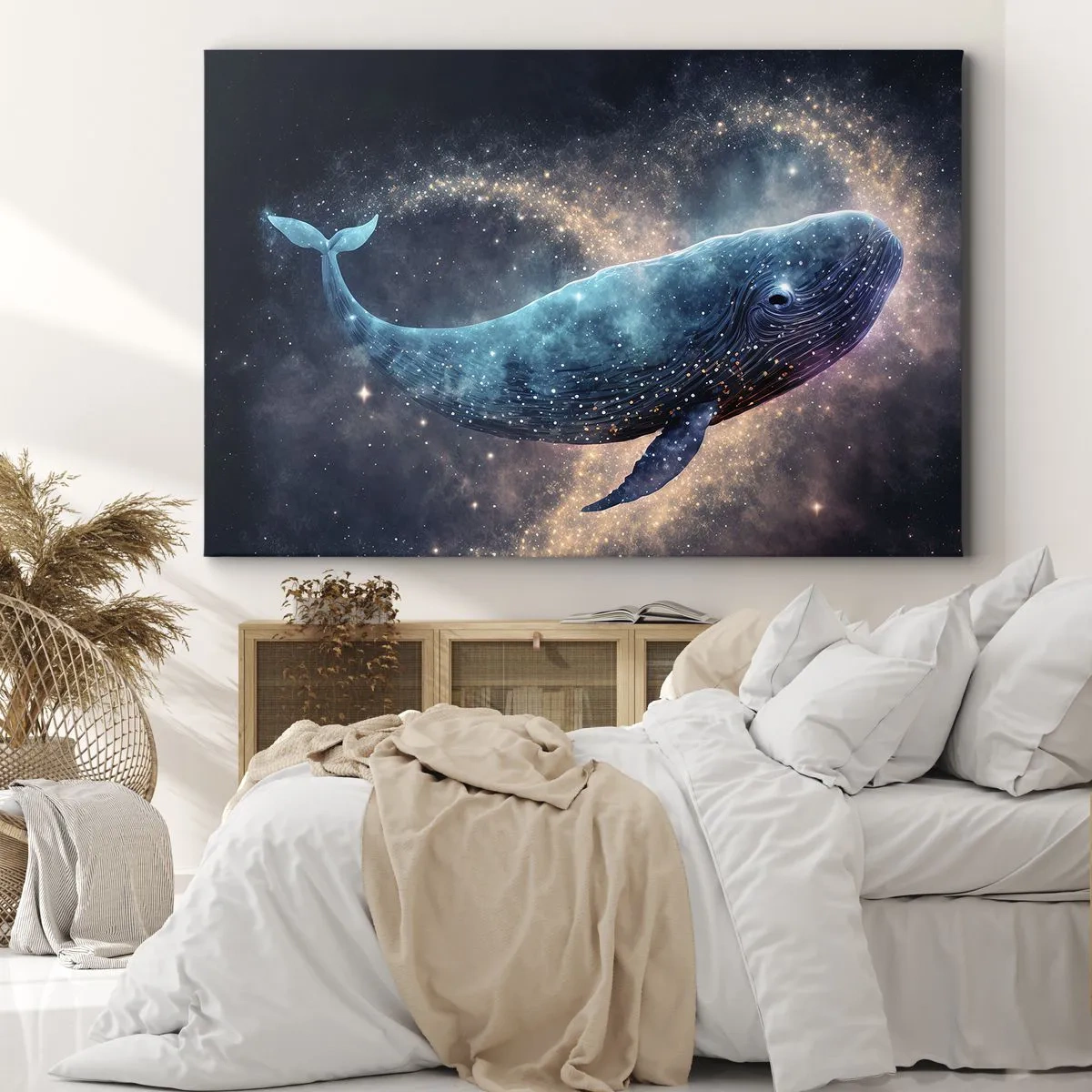 Canvastavla - Bild på duk - En rymdval med en galax i bakgrunden - 70x50cm - Det finns en värld... - Modern väggdekoration för vardagsrum och sovrum ARTTOR