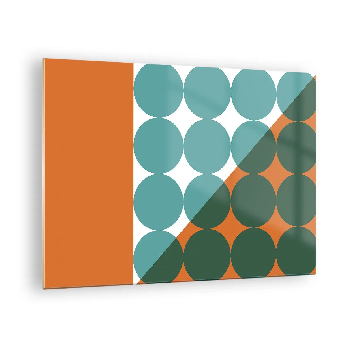 Glastavla - Bild på glas - Abstrakt geometrisk komposition med cirklar och en triangel - 70x50cm - Uppåt och på diagonalen - Modern väggdekoration för vardagsrum och sovrum ARTTOR