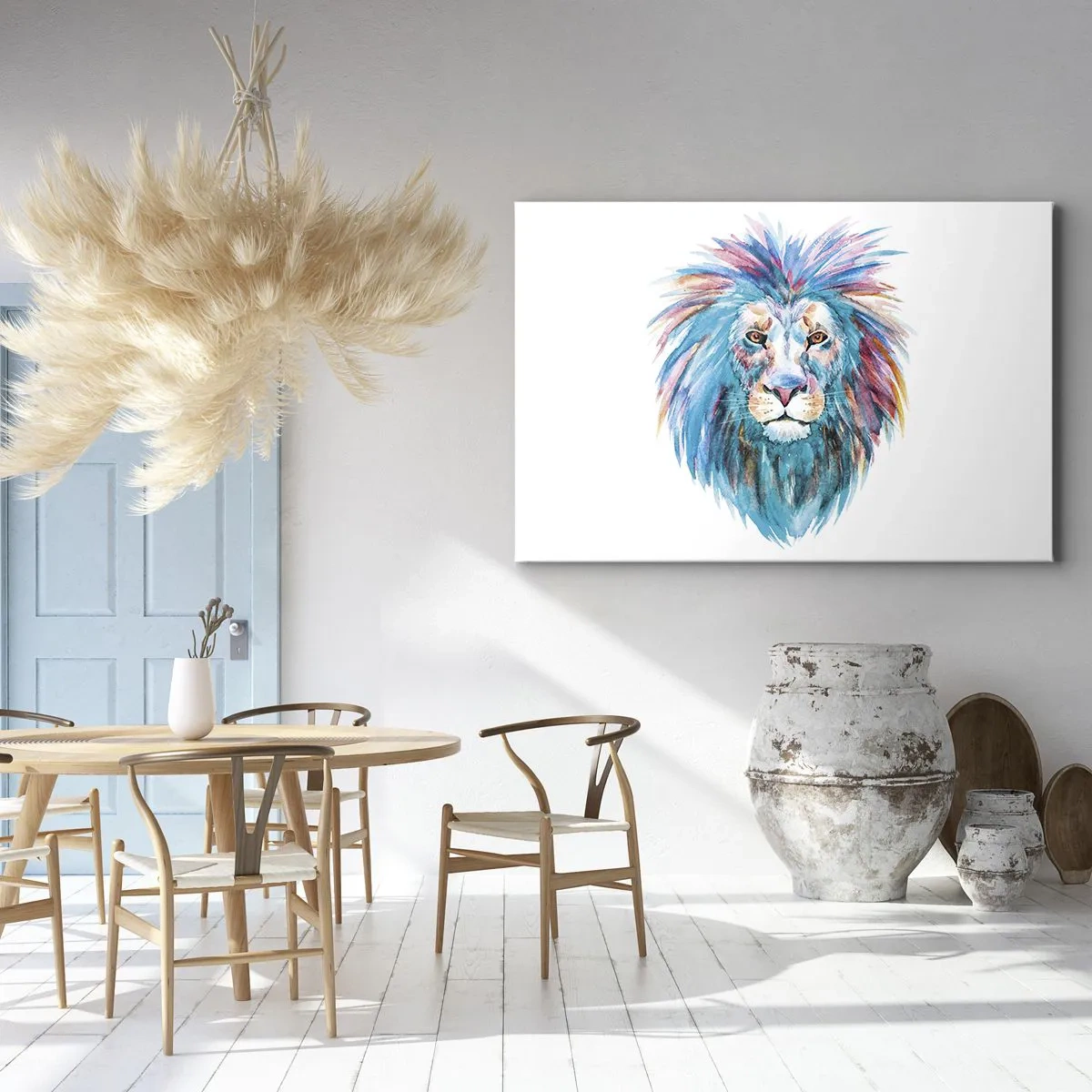 Canvastavla - Bild på duk - Akvarellporträtt av ett lejon i livfulla färger - 70x50cm - Elektrifierande aura - Modern väggdekoration för vardagsrum och sovrum ARTTOR