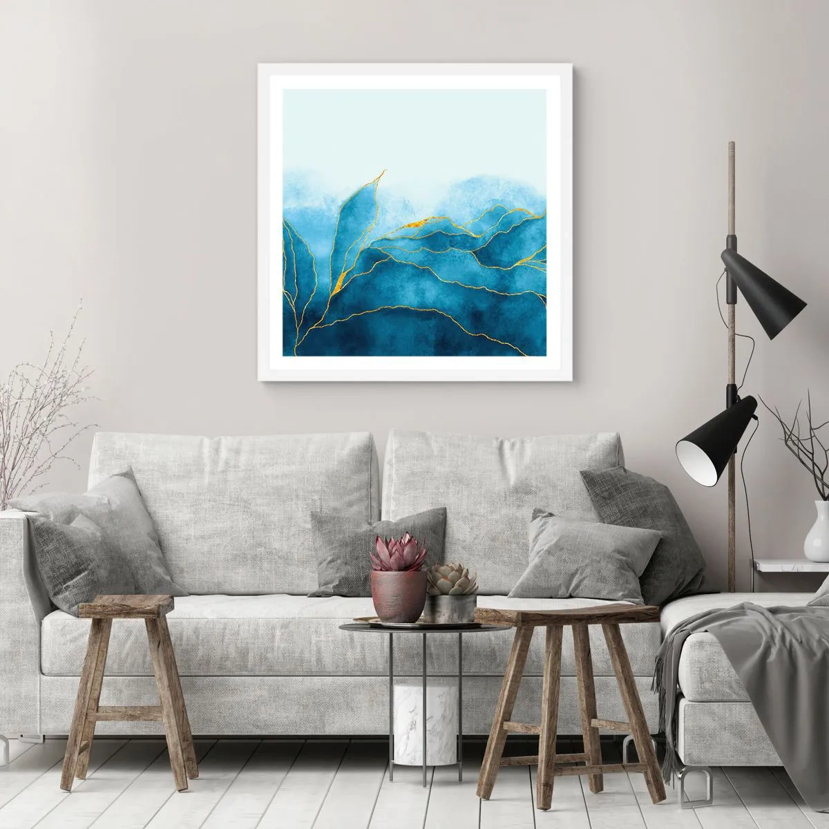 Affisch i vit ram - Blått i guld - 30x30 cm