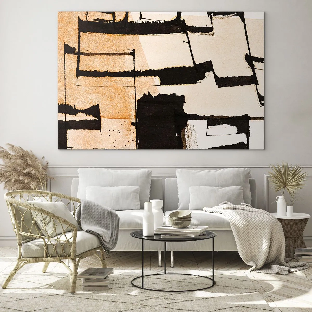 Glastavla - Bild på glas - Geometrisk abstraktion i nyanser av beige och svart - 70x50cm - Ändå ordning - Modern väggdekoration för vardagsrum och sovrum ARTTOR