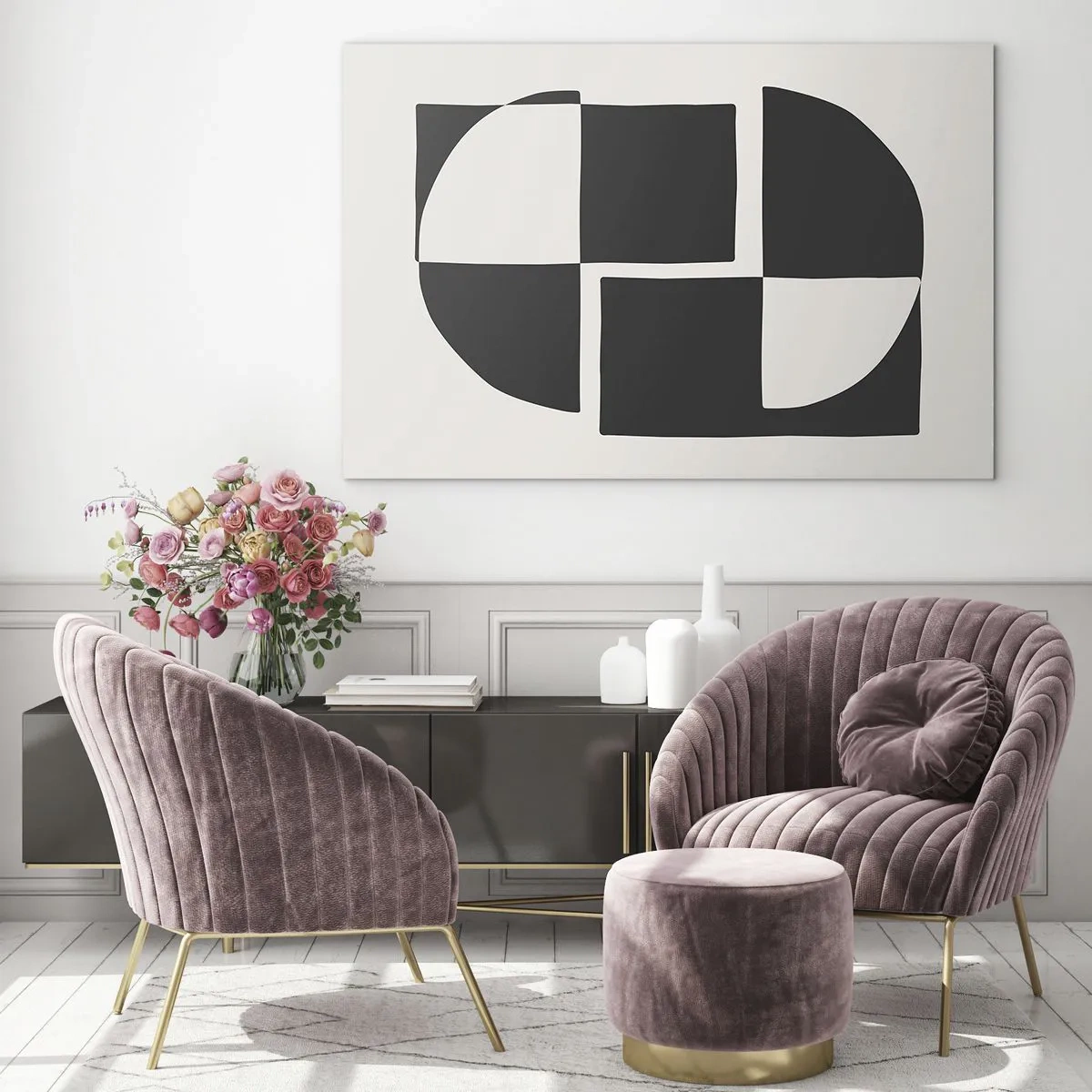 Glastavla - Bild på glas - Geometrisk komposition av svarta och vita former - 70x50cm - Antites – syntes - Modern väggdekoration för vardagsrum och sovrum ARTTOR