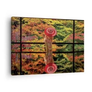 Canvastavla - Bild på duk - En kvinna i kimono med paraply mot bakgrund av ett höstlandskap. - 70x50cm - I naturens tempel - Modern väggdekoration för vardagsrum och sovrum ARTTOR