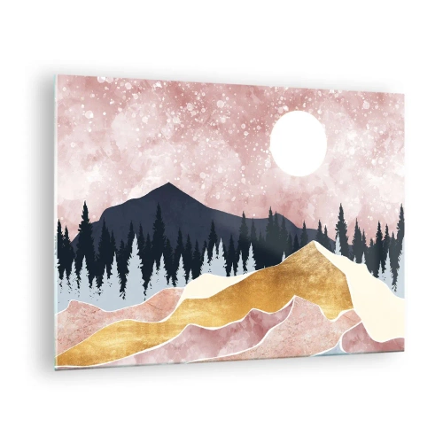 Glastavla - Bild på glas - Berg och skog i månskenet mot en rosa himmel - 70x50cm - Nattvakt - Modern väggdekoration för vardagsrum och sovrum ARTTOR
