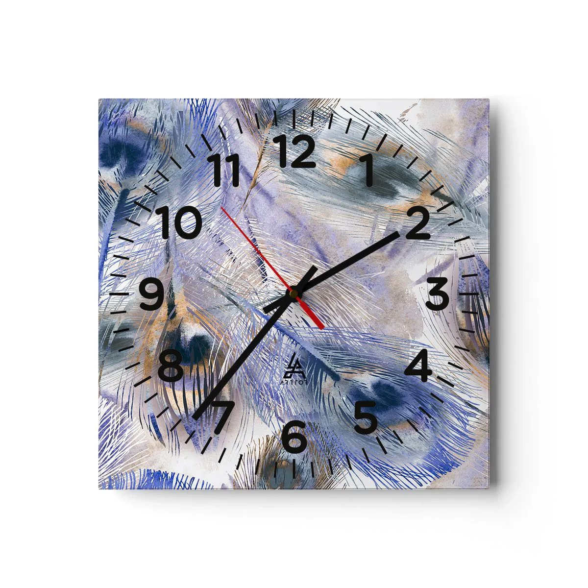 Väggklocka - Klocka på glas - Komposition med påfågelsfjädrar - 40x40 cm