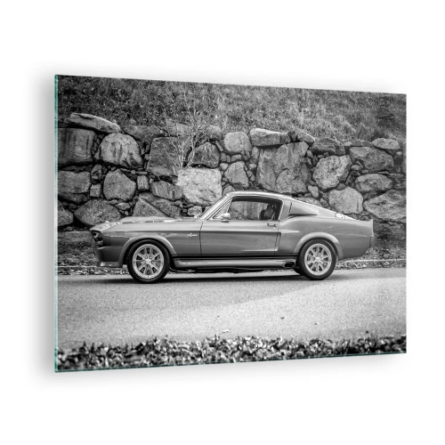 Glastavla - Bild på glas - En klassisk bil mot en stenmur - 70x50cm - Legend från 60-talet - Modern väggdekoration för vardagsrum och sovrum ARTTOR