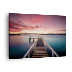 Canvastavla - Bild på duk - En brygga som leder till en lugn sjö vid solnedgången - 70x50cm - Kvällens milda låga - Modern väggdekoration för vardagsrum och sovrum ARTTOR