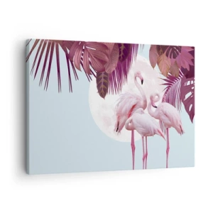 Canvastavla - Bild på duk - Rosa flamingos mot bakgrund av månen och tropiska löv - 70x50cm - De tre fågelgracena - Modern väggdekoration för vardagsrum och sovrum ARTTOR