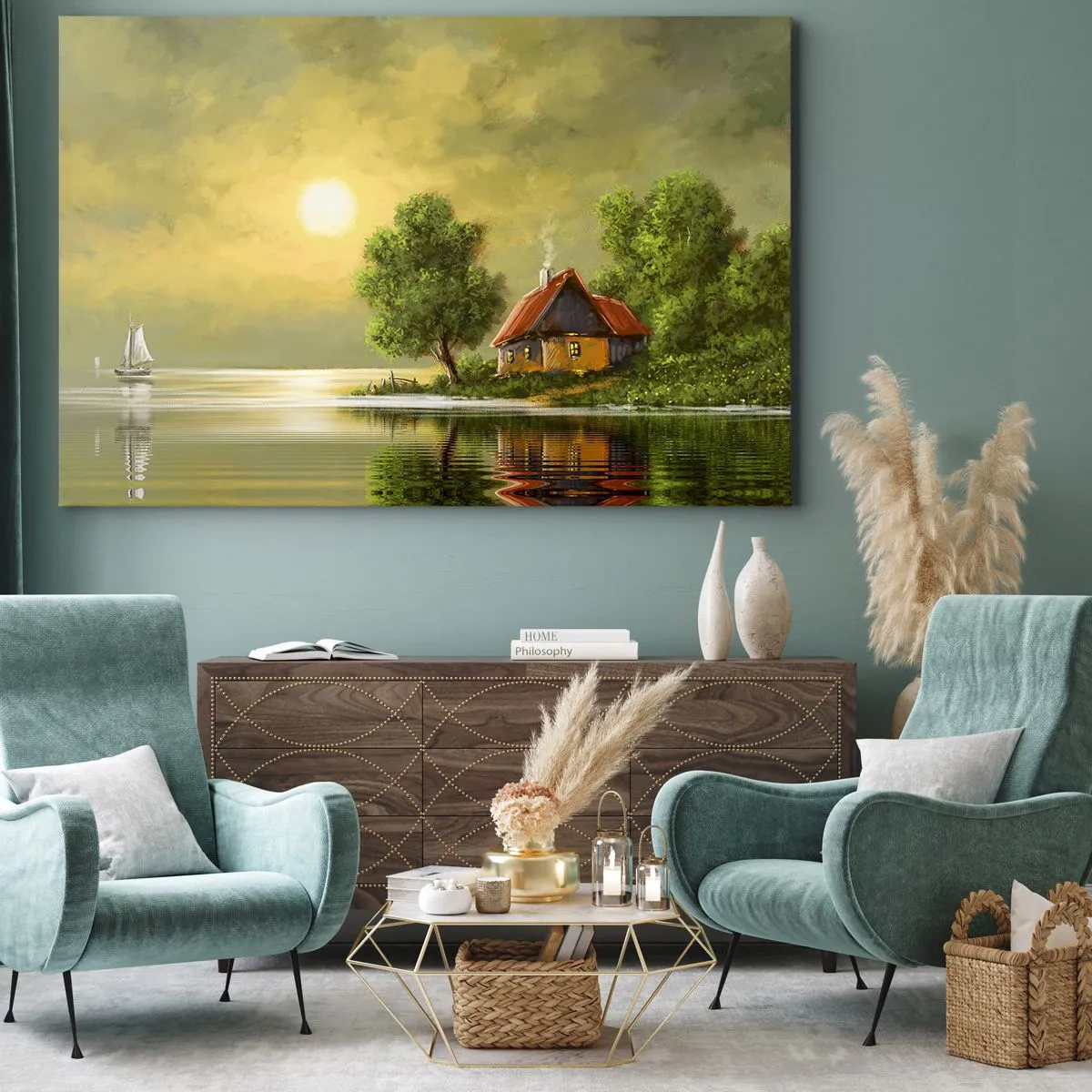 Canvastavla - Bild på duk - Sjöhus i solnedgångsljuset - 70x50cm - Vackert som från en bild - Modern väggdekoration för vardagsrum och sovrum ARTTOR