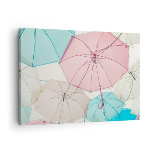 Canvastavla - Bild på duk - Pastellfärgade paraplyer mot en ljus himmel - 70x50cm - Ibland sol, ibland regn - Modern väggdekoration för vardagsrum och sovrum ARTTOR