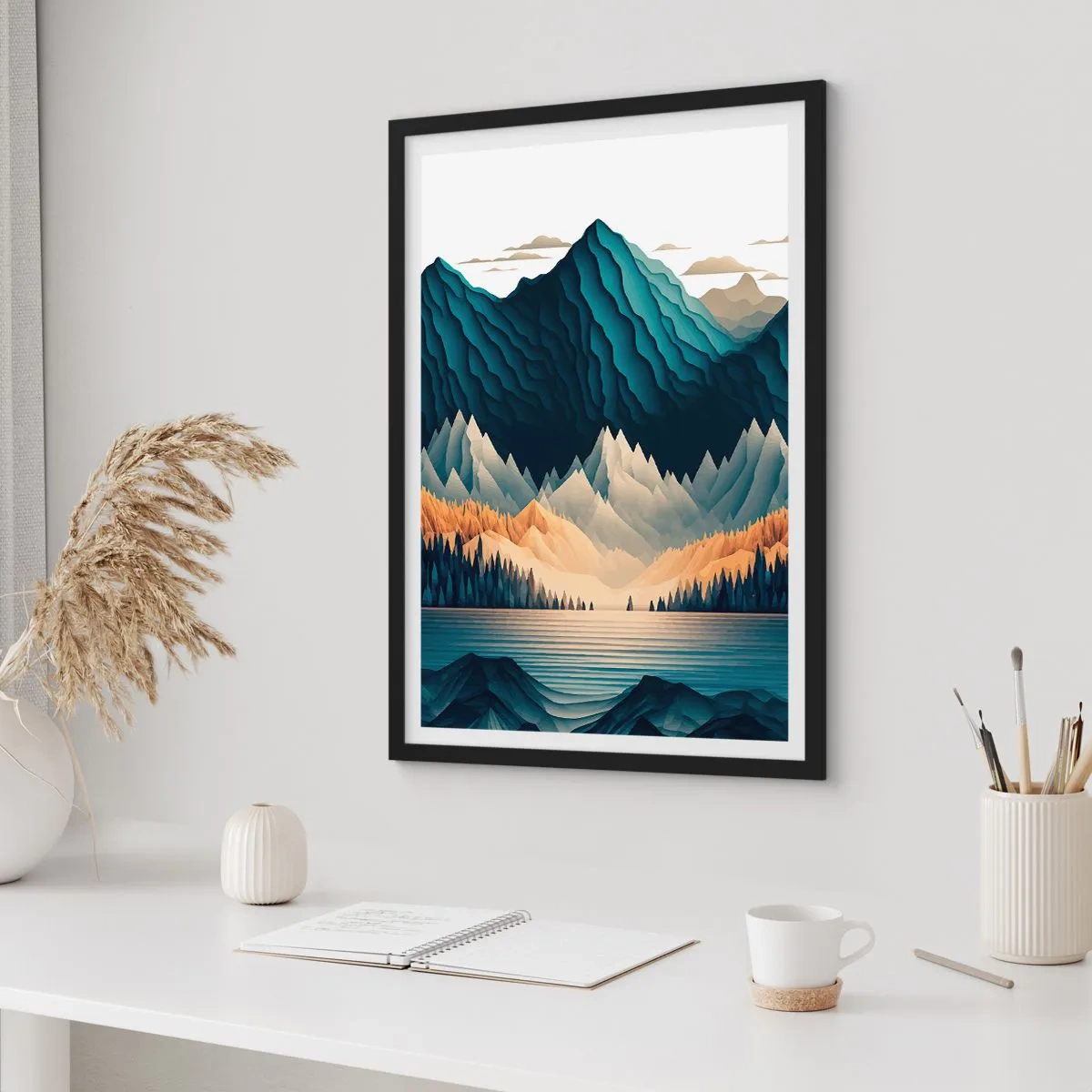 Affisch i svart ram - Stiliserat bergslandskap med en sjö i nyanser av blått - 50x70cm - Perfekt bergslandskap - Modern väggdekoration för vardagsrum och sovrum ARTTOR