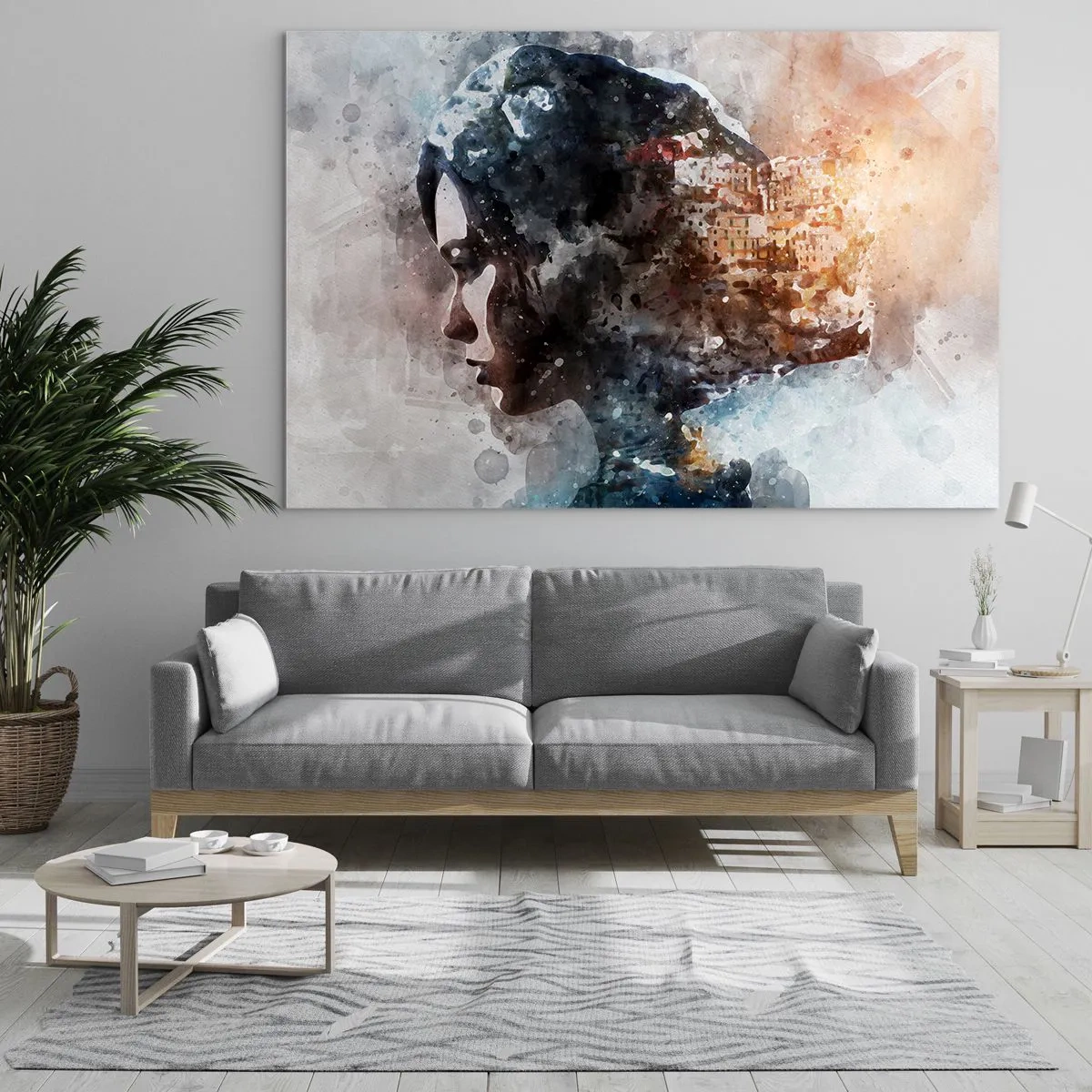 Glastavla - Bild på glas - En profil i akvarellstil av en kvinna med en stad i bakgrunden. - 70x50cm - Berättelse om en tjej med en stad i bakgrunden - Modern väggdekoration för vardagsrum och sovrum ARTTOR