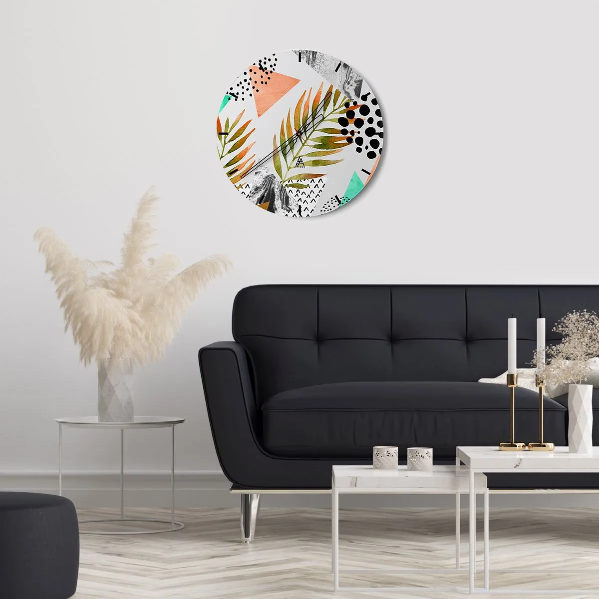 Väggklocka - Klocka på glas - Geometri och löv i akvarellstil - 30x30cm - Dekoration med palmblad - Modern väggdekoration för vardagsrum, kök och sovrum ARTTOR