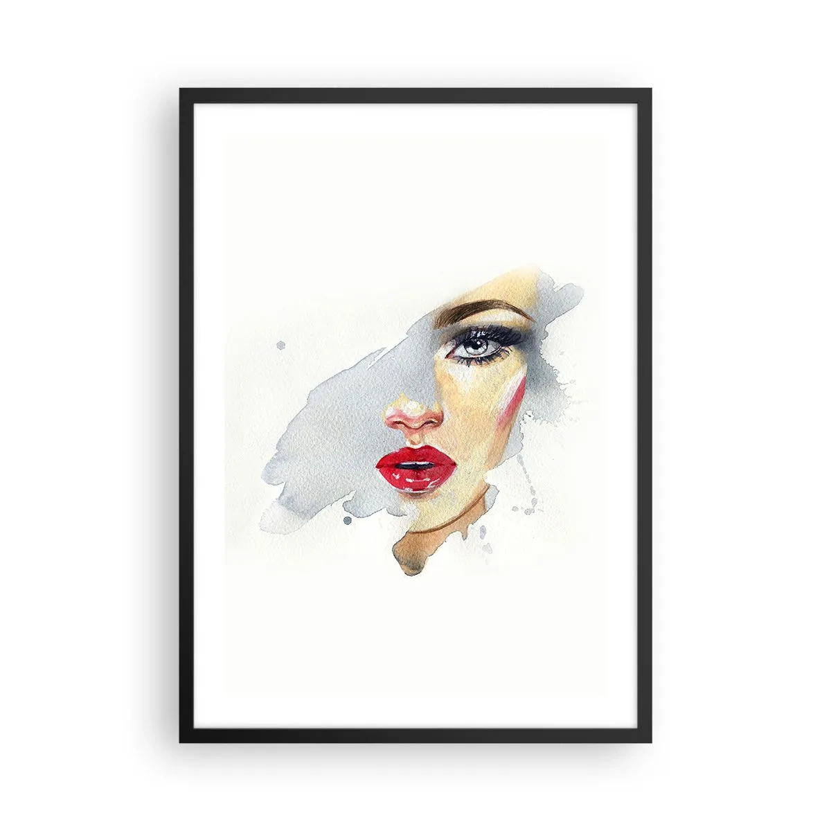 Affisch i svart ram - Akvarellporträtt av en kvinna med röda läppar - 50x70cm - Reflektion i vattendroppe - Modern väggdekoration för vardagsrum och sovrum ARTTOR