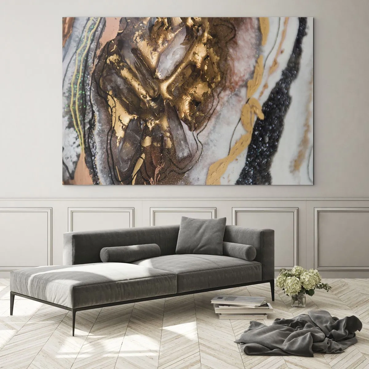 Glastavla - Bild på glas - En abstrakt målning i nyanser av guld, brunt och vitt med en mineralliknande textur. - 70x50cm - Jordens element - Modern väggdekoration för vardagsrum och sovrum ARTTOR