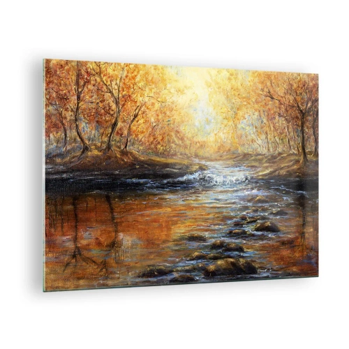 Glastavla - Bild på glas - En gyllene bäck i skogen omgiven av höstträd - 70x50cm - Gyllene bäck - Modern väggdekoration för vardagsrum och sovrum ARTTOR