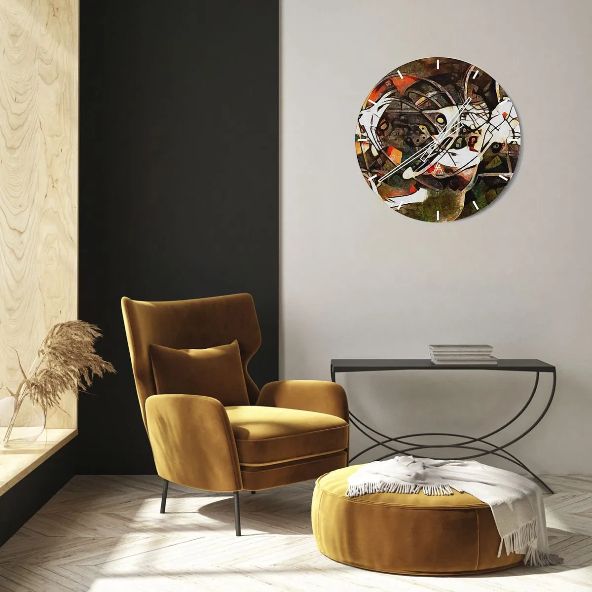 Väggklocka - Klocka på glas - Abstraktion med dynamiska linjer och färgglada accenter - 30x30cm - Hör du rörelse? - Modern väggdekoration för vardagsrum, kök och sovrum ARTTOR