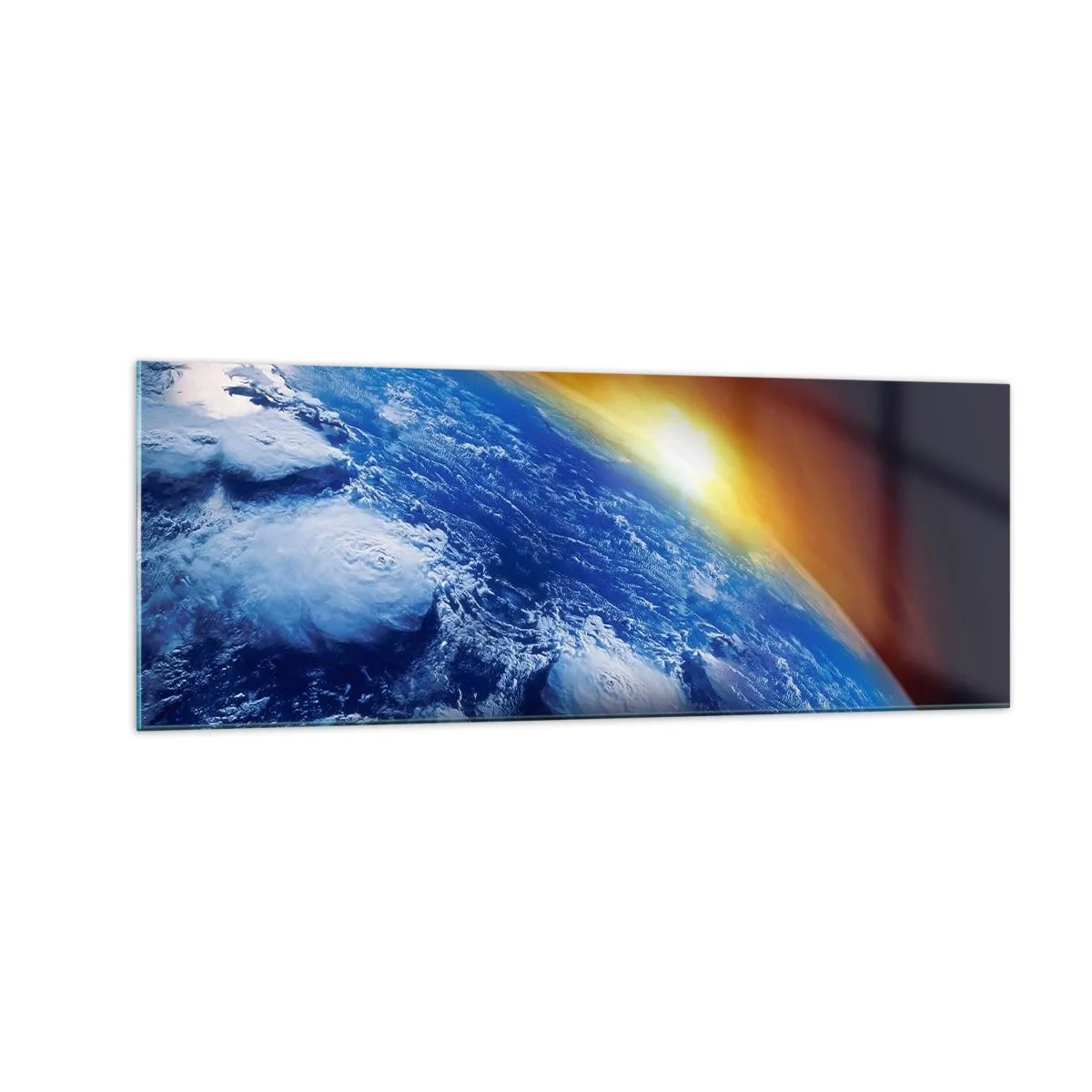 Glastavla - Bild på glas - Soluppgång över den blåa planeten - 140x50 cm