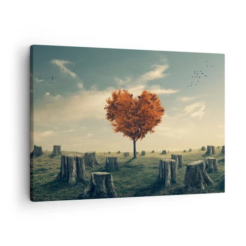 Canvastavla - Bild på duk - Ett hjärtformat träd i ett fält av stubbar, en symbol för hopp - 70x50cm - Det finns fortfarande hopp - Modern väggdekoration för vardagsrum och sovrum ARTTOR