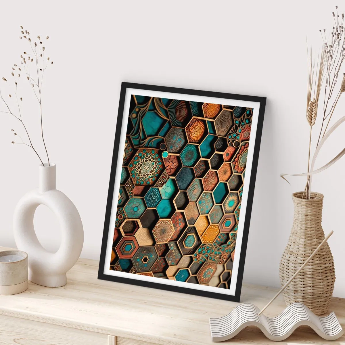 Affisch i svart ram - En geometrisk komposition av hexagoner i en guld- och turkospalett. - 50x70cm - Arabiska ornament - en variation - Modern väggdekoration för vardagsrum och sovrum ARTTOR
