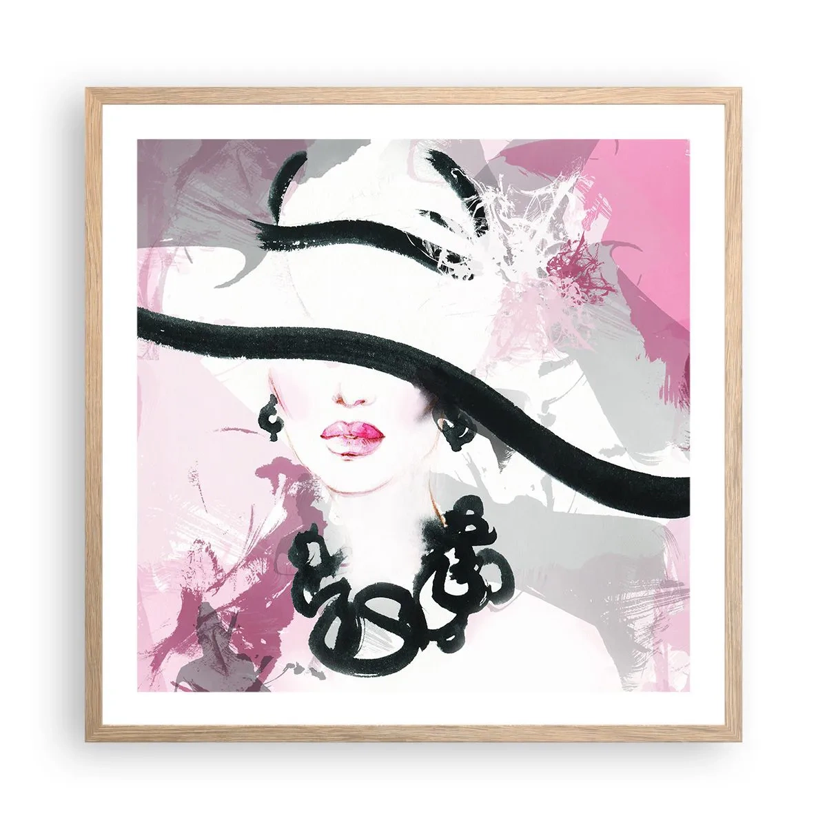 Affisch i ram av ljusek - En damportätt i svart och rosa - 60x60 cm
