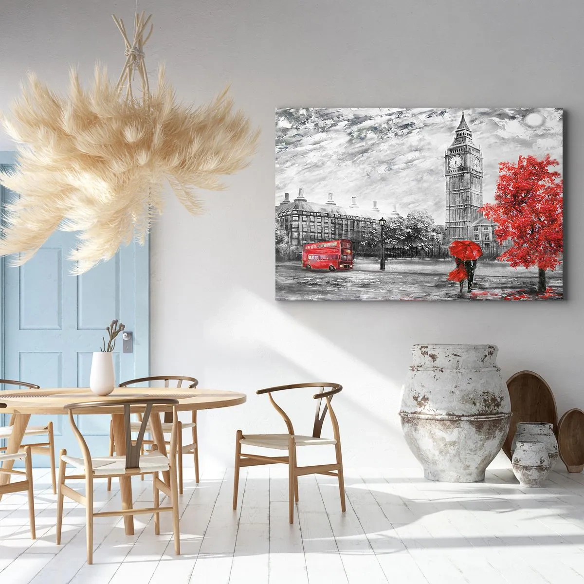 Canvastavla - Bild på duk - Ikonisk vy över London med Big Ben, en röd buss och ett paraply - 70x50cm - Spännande dag - Modern väggdekoration för vardagsrum och sovrum ARTTOR