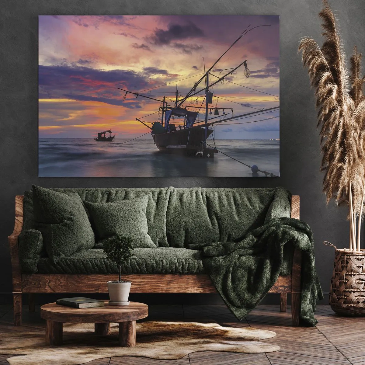 Canvastavla - Bild på duk - En fiskebåt mot bakgrund av en färgglad solnedgång - 70x50cm - Exotisk kväll - Modern väggdekoration för vardagsrum och sovrum ARTTOR