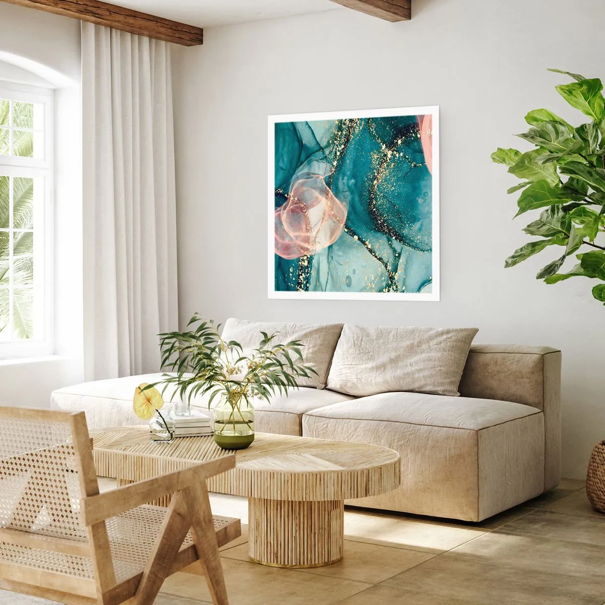 Affisch - Sidenblå, tyllrosa - 60x60 cm