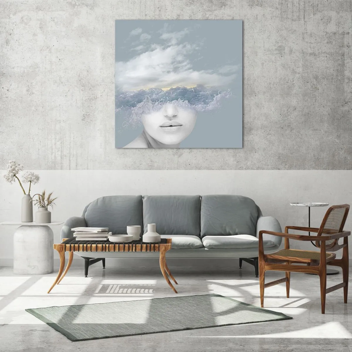 Glastavla - Bild på glas - Med huvudet i molnen - 50x50 cm