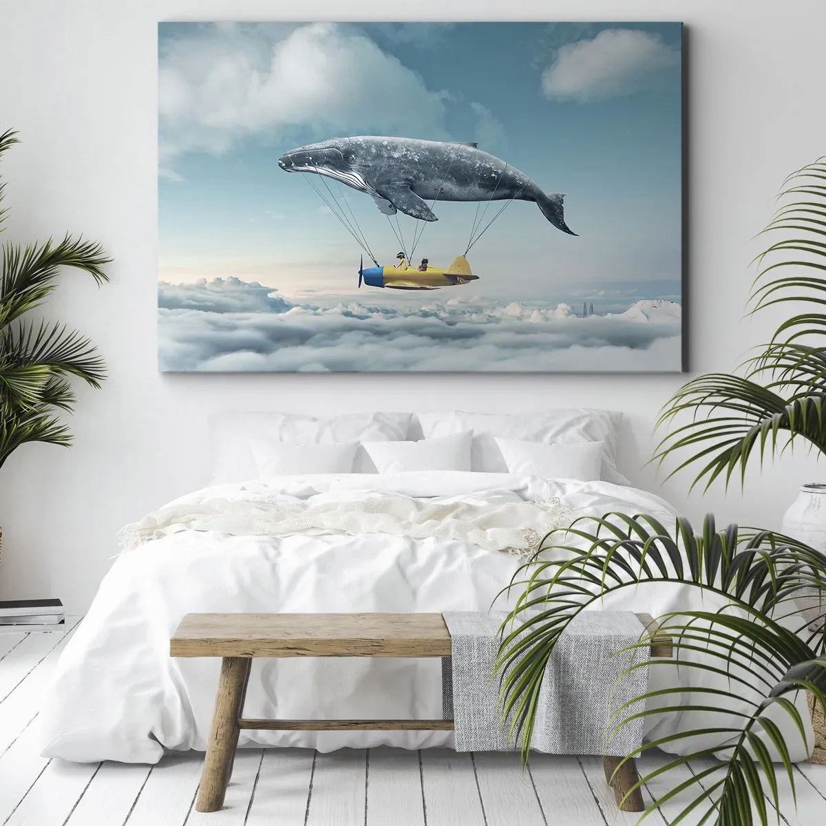 Canvastavla - Bild på duk - En flygande val bär ett flygplan i en surrealistisk miljö. - 70x50cm - Varför inte? - Modern väggdekoration för vardagsrum och sovrum ARTTOR